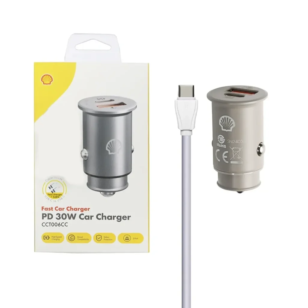 شارژر فندکی Shell مدل CCT006CC ۳۰ وات رنگ طوسی نمای جلو