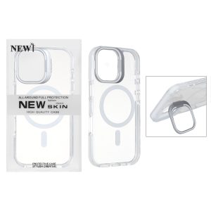 قاب اورجینال New Skin شفاف کریستالی MagSafe لنز استندشو Apple iPhone 17 - سفید (پک دار)