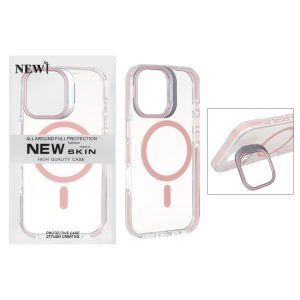 قاب اورجینال New Skin شفاف کریستالی MagSafe لنز استندشو Apple iPhone 17 - صورتی (پک دار)