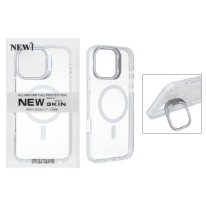 قاب اورجینال New Skin شفاف کریستالی MagSafe لنز استندشو Apple iPhone 16 Pro Max - سفید (پک دار)
