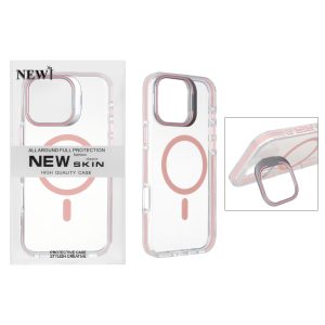 قاب اورجینال New Skin شفاف کریستالی MagSafe لنز استندشو Apple iPhone 16 Pro Max - صورتی (پک دار)