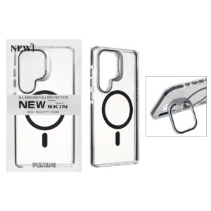قاب اورجینال New Skin شفاف کریستالی MagSafe لنز استندشو Samsung Galaxy S25 Ultra - مشکی (پک دار)