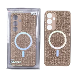 قاب C Case نگین دار MagSafe هولوگرامی محافظ لنزدار Samsung Galaxy S24 FE - قهوه ای (پک دار)