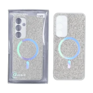 قاب C Case نگین دار MagSafe هولوگرامی محافظ لنزدار Samsung Galaxy S24 FE - نقره ای (پک دار)