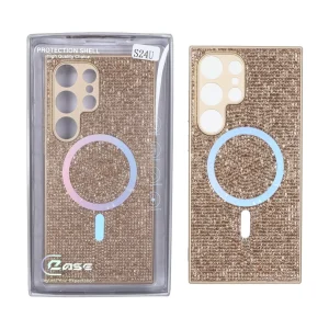 قاب C Case نگین دار MagSafe هولوگرامی محافظ لنزدار Samsung Galaxy S24 Ultra - طلایی (پک دار)