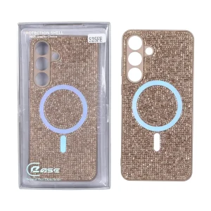 قاب C Case نگین دار MagSafe هولوگرامی محافظ لنزدار Samsung Galaxy S25 FE - قهوه ای (پک دار)