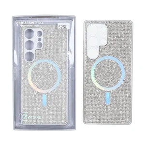 قاب C Case نگین دار MagSafe هولوگرامی محافظ لنزدار Samsung Galaxy S25 Ultra - نقره ای (پک دار)