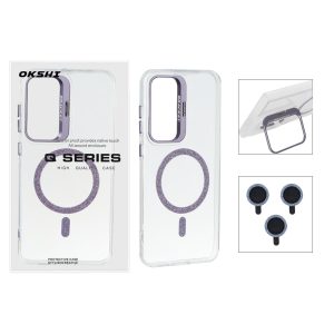 قاب Bracket شفاف Magsafe اکلیلی با ست محافظ لنز رینگی Samsung Galaxy S24 FE - بنفش (پک دار)