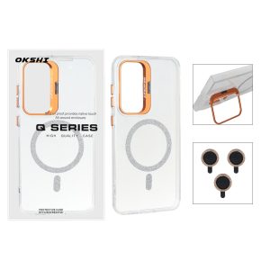 قاب Bracket شفاف Magsafe اکلیلی با ست محافظ لنز رینگی Samsung Galaxy S24 FE - نارنجی (پک دار)