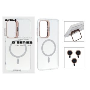 قاب Bracket شفاف Magsafe اکلیلی با ست محافظ لنز رینگی Samsung Galaxy S25 FE - قهوه ای (پک دار)