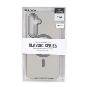 قاب Puloka چرمی Magnet فلزی دور لنز براق Samsung Galaxy S24 FE - طوسی (پک دار)