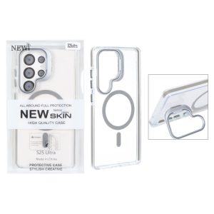 قاب اورجینال New Skin شفاف کریستالی MagSafe لنز استندشو Samsung Galaxy S25 Ultra - خاکستری (پک دار)