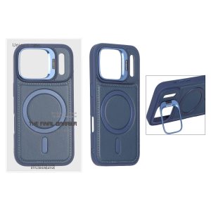 قاب Bracket چرمی دور دوخت MagSafe لنز استندشو Apple iPhone 17 Pro - سرمه ای (پک دار)