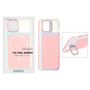 قاب اورجینال Unique Case هفت رنگ MagSafe دور رنگی لنز استندشو Apple iPhone 13 / iPhone 14 - صورتی (پک دار)