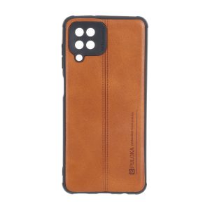 قاب Puloka طرح چرم دوخت دار محافظ لنزدار Samsung Galaxy A12 / M12 / F12 - قهوه ای