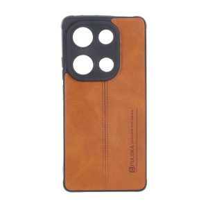 قاب Puloka طرح چرم دوخت دار محافظ لنزدار Xiaomi Redmi Note 14S / Note 13 Pro 4G / Poco M6 Pro 4G - قهوه ای