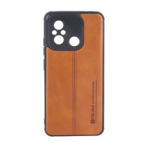 قاب Puloka طرح چرم دوخت دار محافظ لنزدار Xiaomi Redmi 12C / Redmi 11A / Poco C55 - قهوه ای