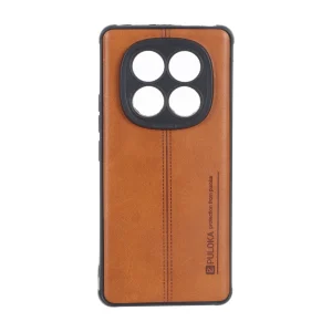 قاب Puloka طرح چرم دوخت دار محافظ لنزدار Xiaomi Redmi Note 14 Pro 4G - قهوه ای