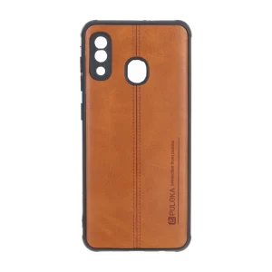 قاب Puloka طرح چرم دوخت دار محافظ لنزدار Samsung Galaxy A30 / A20 - قهوه ای
