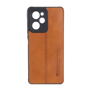قاب Puloka طرح چرم دوخت دار محافظ لنزدار Xiaomi Poco X5 Pro 5G - قهوه ای