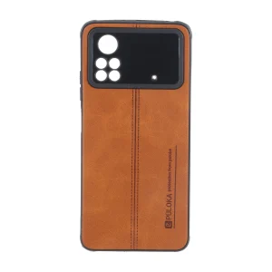 قاب Puloka طرح چرم دوخت دار محافظ لنزدار Xiaomi Poco X4 Pro - قهوه ای