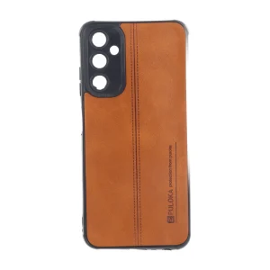 قاب Puloka طرح چرم دوخت دار محافظ لنزدار Samsung Galaxy A05s / M14 4G / F14 4G - قهوه ای