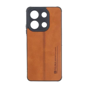 قاب Puloka طرح چرم دوخت دار محافظ لنزدار Xiaomi Redmi Note 13 4G - قهوه ای